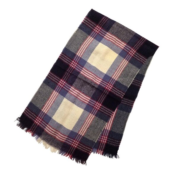 Vtg Wool Plaid Tartan Scarf 41" Navy Red Purple Beige Pattern Fringed Classic - Picture 2 of 2
